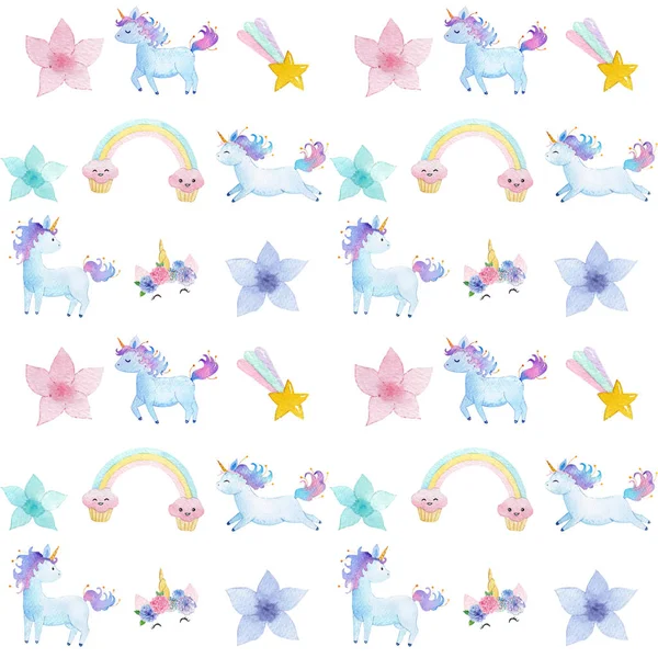 Watercolor Unicorns Pattern White Background — Stock Photo, Image