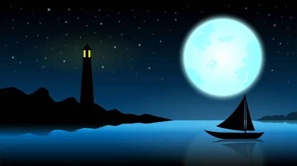 Schiff in der Vollmondnacht; blauer Ozean mit Leuchtturm um Mitternacht bei Vollmond; Stern am Himmel; Fantasielandschaft Hintergrund; schöne Silhouette Nacht Landschaft Vektor-Design — Stockillustration Schiff in der Vollmondnacht; blauer Ozean mit Leuchtturm in der Mitte — Stockvektor