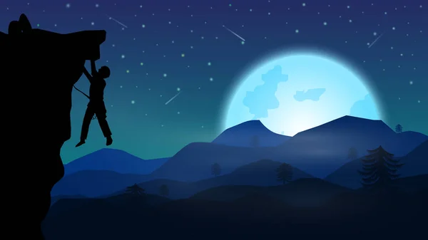 En man bestiger berg på natten, natten av fullmåne och star fal — Stock vektor