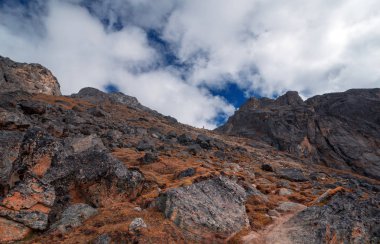 Everests Doğu yüzü manzara. Everest Dağı yansıma Tsoshutrima bak.