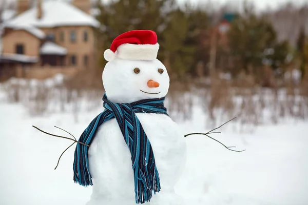 Pupazzo di neve in cappello Santa — Foto Stock