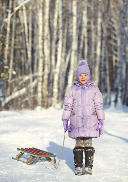 Little girl with sledge in the winter — Stock Photo, Image