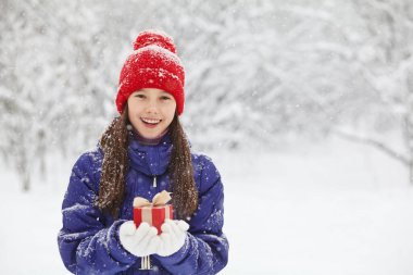Elinde bir hediyeyle genç bir kız. Açık havada ergen bir kış.