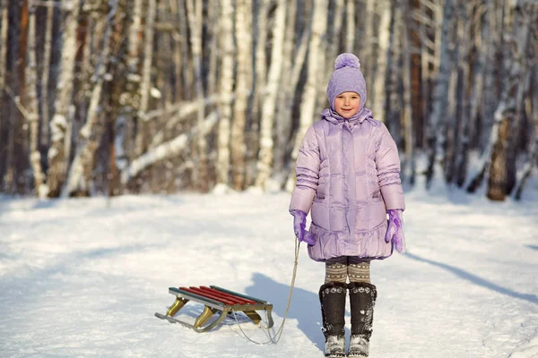 Schattig klein meisje met slee. kinderwinter buiten. — Stockfoto