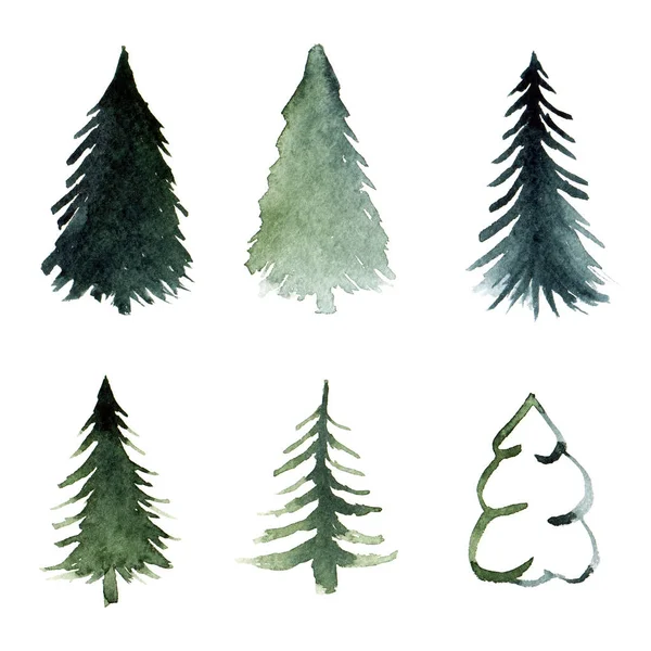 Free Hand Drawing Fir Tree Silhouettes Watercolor — Stock Photo, Image