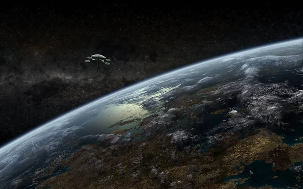 Планетарний пейзаж з орбітальною космічною станцією — стокове фото