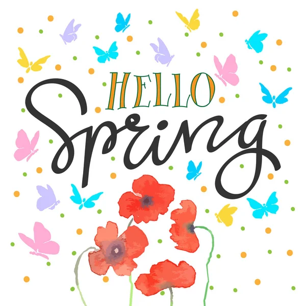 Hola primavera con flores y mariposa — Archivo Imágenes Vectoriales