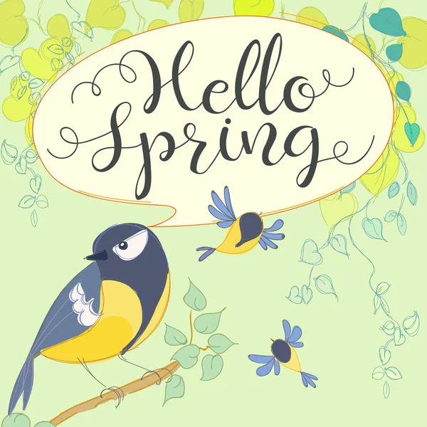 Hallo lente met Koolmees. Cartoon vogel. — Stockvector