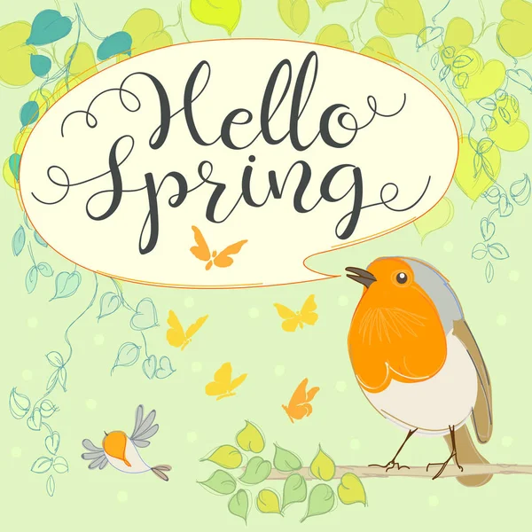 Hallo lente met robin. Cartoon vogel. — Stockvector