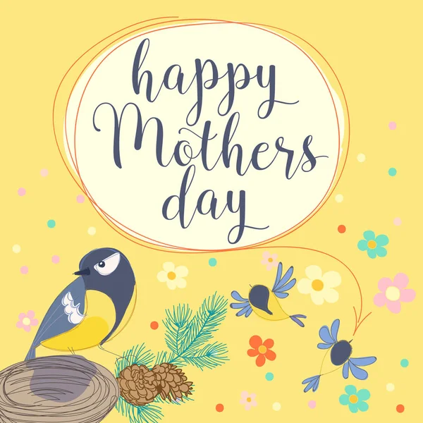 Glücklicher Muttertag mit Vogel und Blumen. — Stockvektor