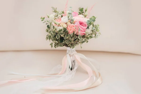 Detalhes Manhã Nupcial Buquê Casamento Flores Laranja Bege Rosa Com — Fotografia de Stock