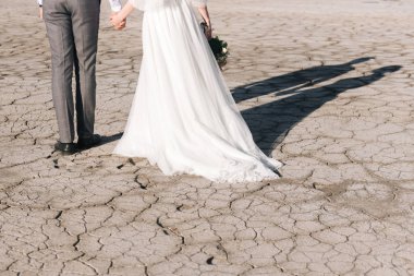 Gelin ve damat çatlamış dünyanın arka planında