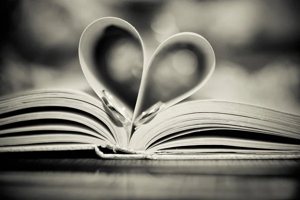 Dos anillos de boda colocados en un libro para hacer una forma de corazón —  Fotos de Stock