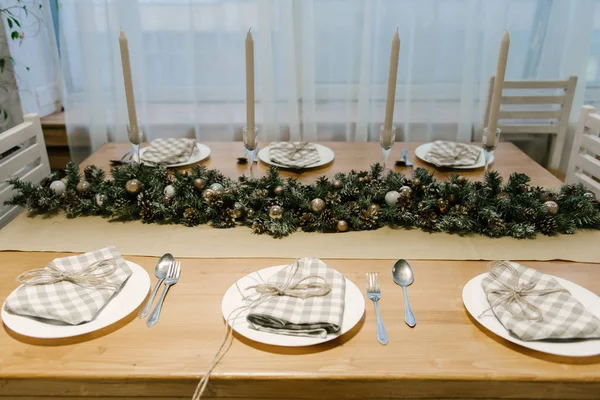 Christmas decor. Wooden table decorated for the holiday — Stock Photo, Image