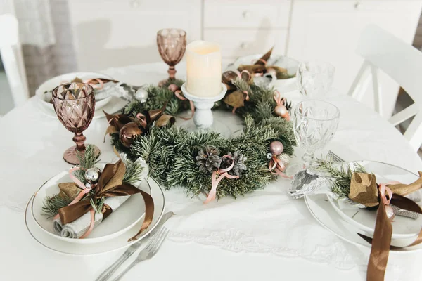 Christmas Table Setting Decorations Candle — Stock Photo, Image