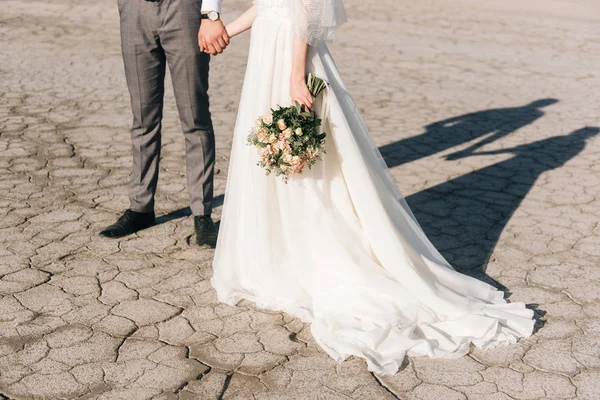 Menyasszony és vőlegény a háttér repedt föld — Stock Fotó