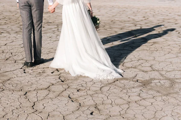 Sposa e sposo su uno sfondo di terra incrinata — Foto Stock