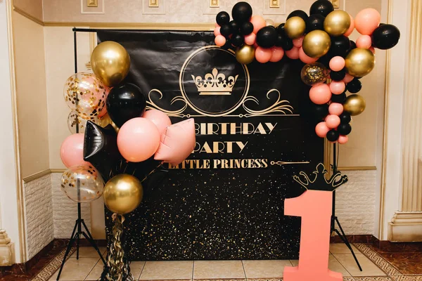 Banner happy birthday little Princess with balls of black and pi