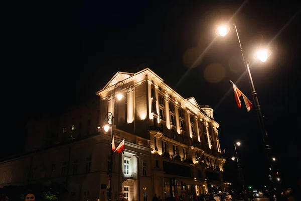 Gebäude Nachts Beleuchtet Warschau Polen — Stockfoto