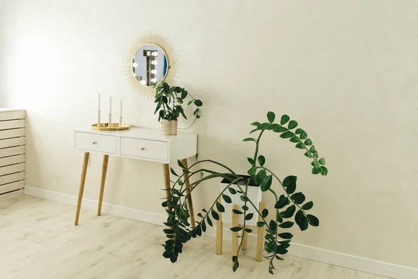Beautiful light interior, dressing table, mirror and plants