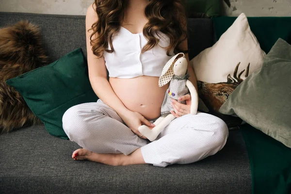 Pregnant Girl Belly Close Stylish Pajamas Toy — Stock Photo, Image