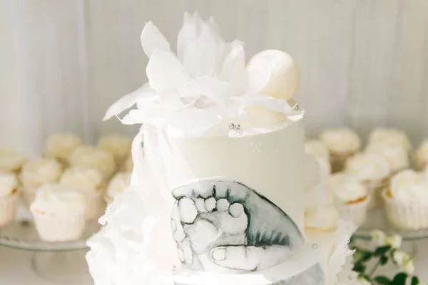 사탕바요. 아이의 포 사진이 들어 있는 아름다운 흰색 케이크 — 스톡 사진