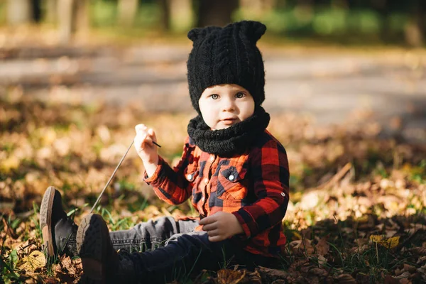 Fröhlicher Kleiner Junge Spielt Herbst Auf Dem Naturspaziergang Freien — Stockfoto