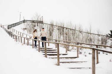 Buzlu kış aşkı hikayesi. Zarif sevgililer, karda kız ve erkek, ve merdivenler. Aşk.