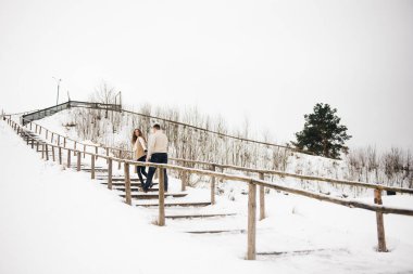 Buzlu kış aşkı hikayesi. Zarif sevgililer, karda kız ve erkek, ve merdivenler. Aşk.