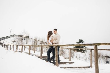 Buzlu kış aşkı hikayesi. Zarif sevgililer, karda kız ve erkek, ve merdivenler. Aşk.