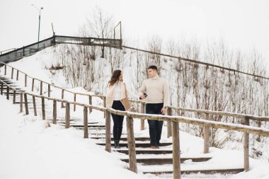 Buzlu kış aşkı hikayesi. Zarif sevgililer, karda kız ve erkek, ve merdivenler. Aşk.