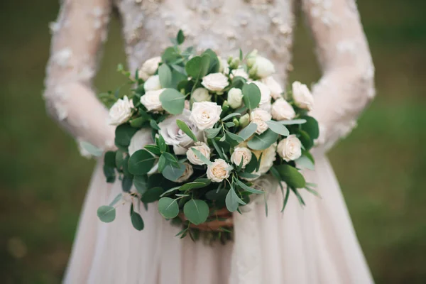 Wedding Bouquet Roses Pastel Flowers Branches Eucalyptus Hands Bride Beautiful — Stock Photo, Image