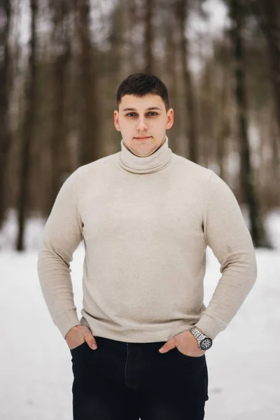 Portrait Stylish Young Man Background Snowy Forest — 스톡 사진