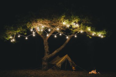 Ağaçta retro bir çelenk, ormanda bir yangın, geceleri çok ses çıkaran fotoğraflar.