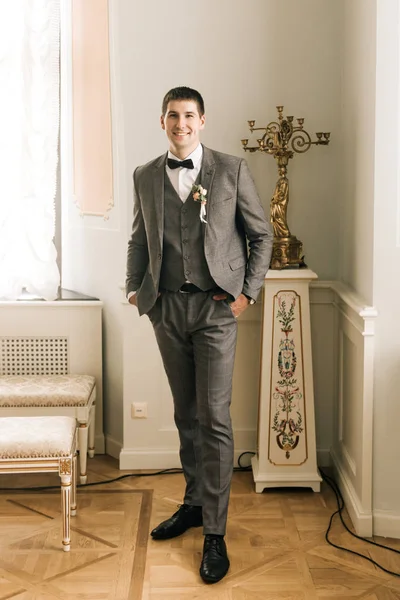 Happy Groom Portrait Young Man Groom Getting Ready Room Wed — 스톡 사진