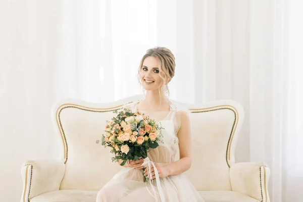 Portrait Beautiful Young Bride Bright Room Romantic Atmosphere Bride Negligee — 스톡 사진