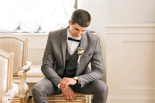Happy Groom Portrait Young Man Groom Getting Ready Room Wed — 스톡 사진