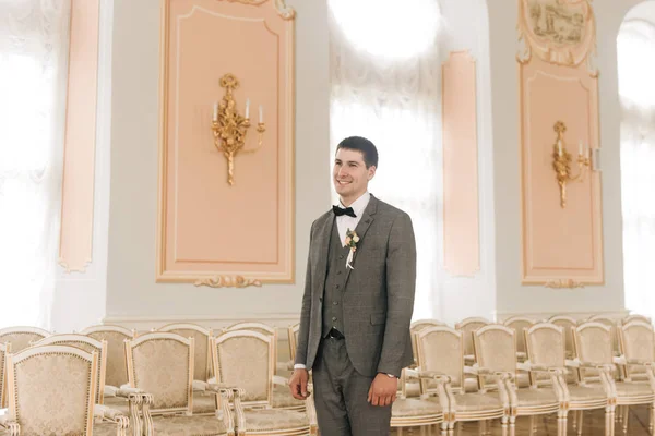 Happy Groom Portrait Young Man Groom Getting Ready Room Wed — Stock Photo, Image