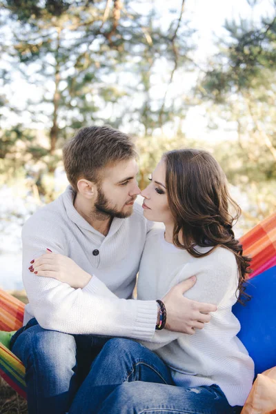 Couple Love Girl Guy Hammock Enjoys Woods Travel Love Story — Stock Photo, Image