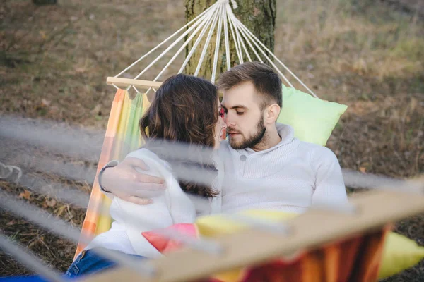 Couple Love Girl Guy Hammock Enjoys Woods Travel Love Story — Stock Photo, Image