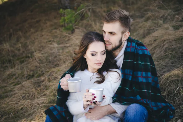 Happy Girl Guy Sitting Field Drinking Tea Thermos Travel Love — Stock Photo, Image