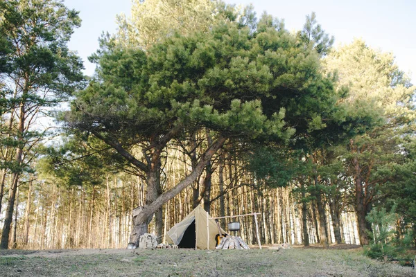 Retro çadır, sırt çantası, gitar, nehir kenarındaki ormanda yangın.