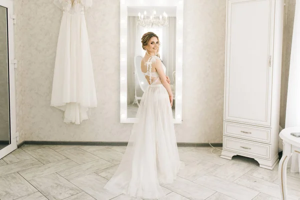 Portrait Beautiful Young Bride Bright Room Romantic Atmosphere Bride Negligee — 스톡 사진