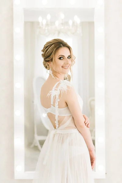 Portrait Beautiful Young Bride Bright Room Romantic Atmosphere Bride Negligee — 스톡 사진