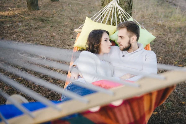 Couple Love Girl Guy Hammock Enjoys Woods Travel Love Story — Stock Photo, Image