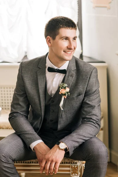 Happy Groom Portrait Young Man Groom Getting Ready Room Wed — 스톡 사진