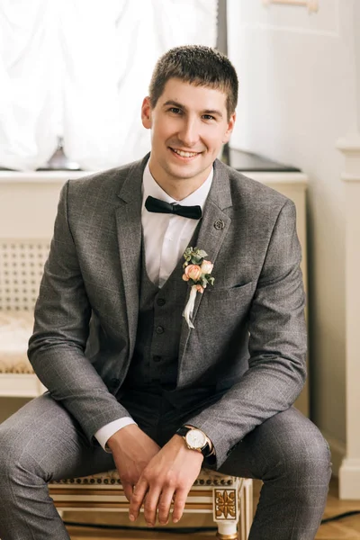 Happy Groom Portrait Young Man Groom Getting Ready Room Wed — 스톡 사진