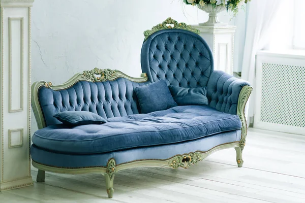 Elegant living room in blue tones.  Velor blue  luxury sofa