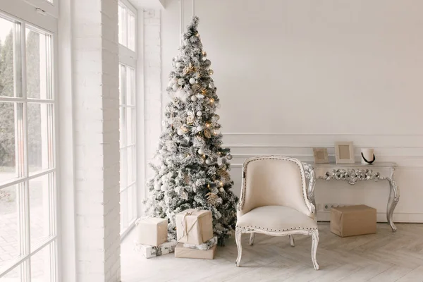 Living room in Scandinavian style with a Christmas decor. Holiday background. New Year