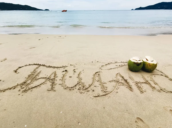 Inscription Tailang Written Sand Russian Next Coconuts — Stock Photo, Image